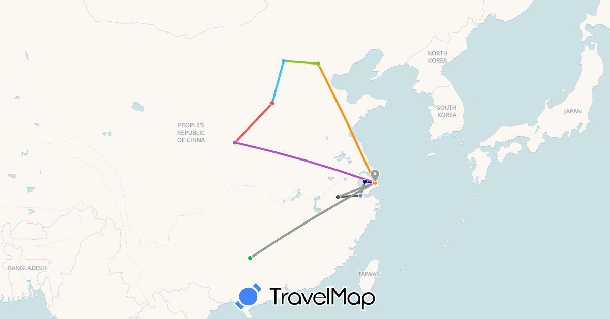 TravelMap itinerary: driving, bus, plane, cycling, train, hiking, boat, hitchhiking, motorbike, electric vehicle in China (Asia)