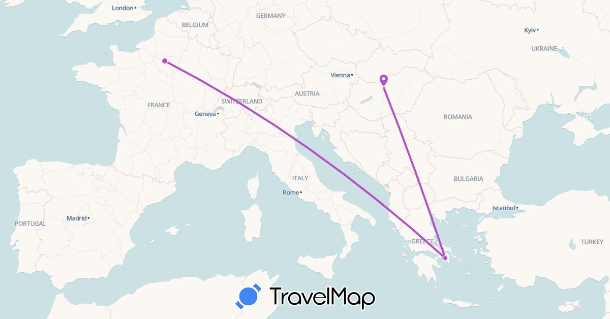 TravelMap itinerary: driving, train in France, Greece, Hungary (Europe)